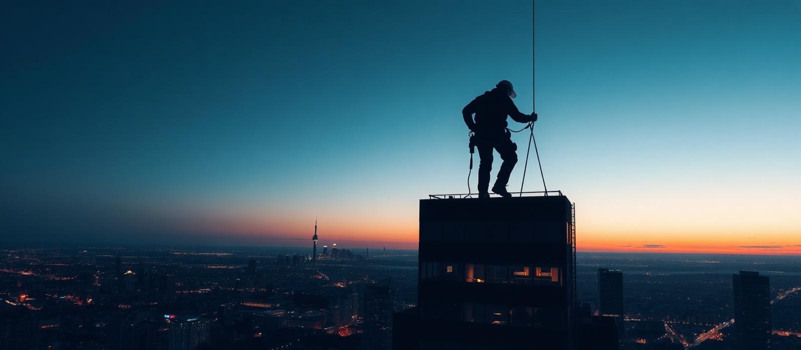 Técnico de trabajos verticales sobre un edificio al atardecer