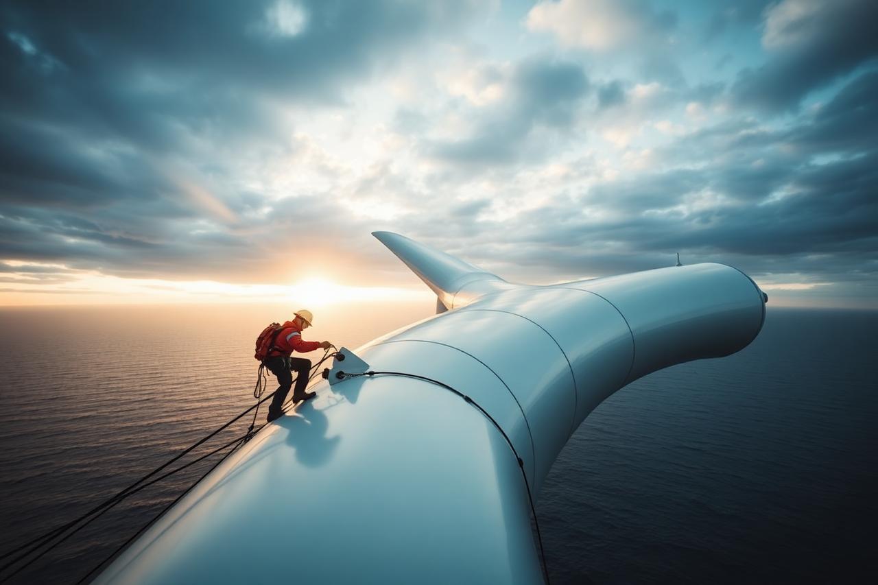 Técnico trabajando sobre la pala de un aerogenerador