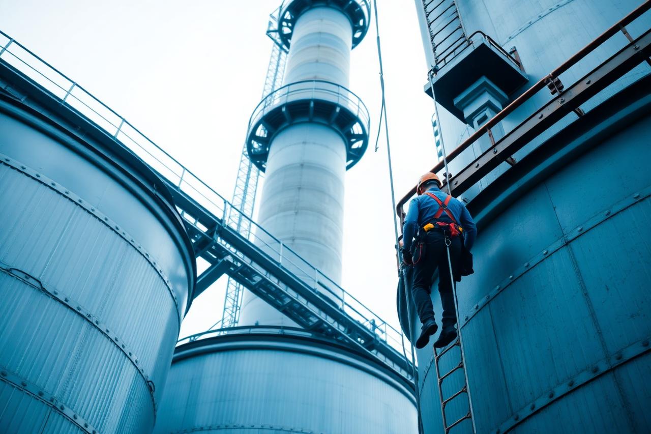Técnico de acceso por cuerda en una instalación industrial