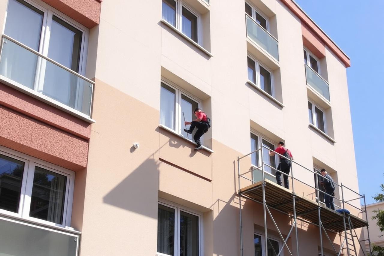 Técnicos rehabilitando la fachada de un edificio de viviendas